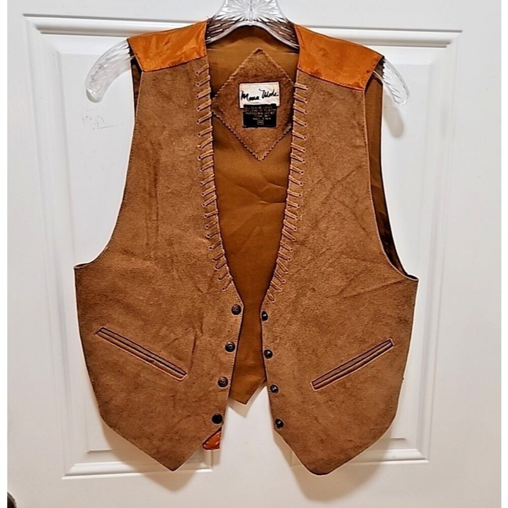 Vintage Vest Unisex M Camel Brown Suede Leather Whipstitch Lacing Western Ranch